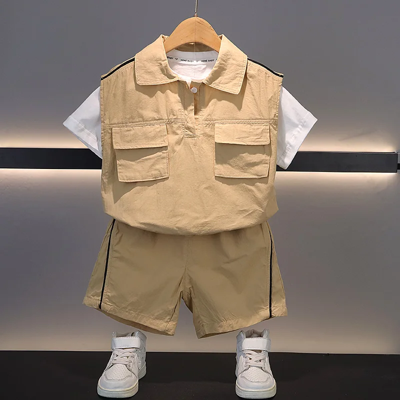 

2 3 4 years Boys Clothes Sets Pockets Vest T-shirt Shorts Suit three Pieces Short Pants Summer Childboy Outfits Kids 6 7 8 9 10y