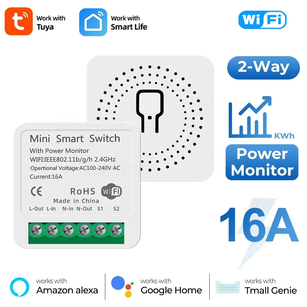 

Tuya Mini Wifi Smart DIY Switch Light 16A With Power Monitor Supports 2 Way Automation Module APP For Alexa Google Home