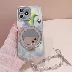 Colorful Rainbow Phone Case Set with Lanyard and Stand - 3 - Piece Bundle for Realme V25 (Silver)