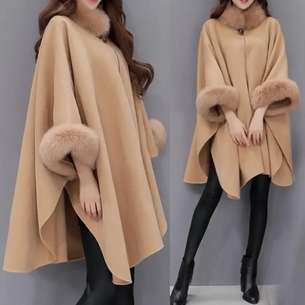 Ladies Cape Coat Solid Color Faux Fur Collar Autumn Winter Warm Loose Mid Length Poncho Jacket For Everyday Wear Bohemian Shawl moribty triangle autumn women scarf solid knitted hallow out shawl wraps pashmina sunscreen neck bufandas femme hijab for ladies