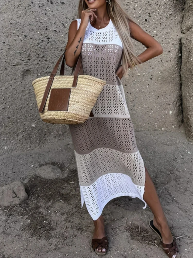 

2023 Summer Fashion Elegant Swimwear block color Crochet Knitted Hollow Out Holiday Wear Bikini Cover Up Women Long Beach Dress
