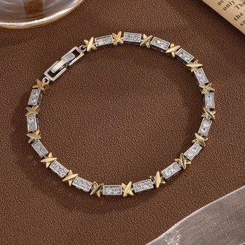 ZAKOL Classic Gold Color X Shiny Round Zircon Bracelet for Women Charm Cross Aesthetic Design Wedding Party Jewelry