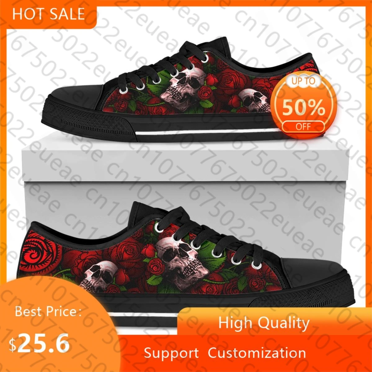 

BKQU Women's Red Rose Skull Print Flat Shoes 2022 Summer Low Tops Canvas Shoes Women Comfort Casual Flats Shoes Lace Up Sneakers