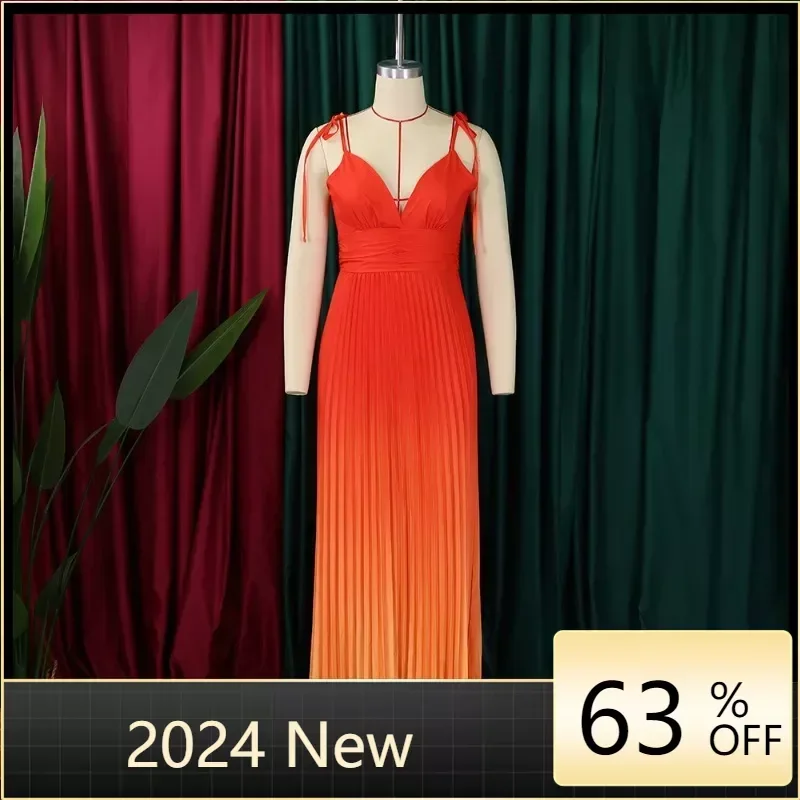 

Summer Casual Women's Dress Suspenders Backless Printed Pleated Skirt Slim Long Temperament Dress