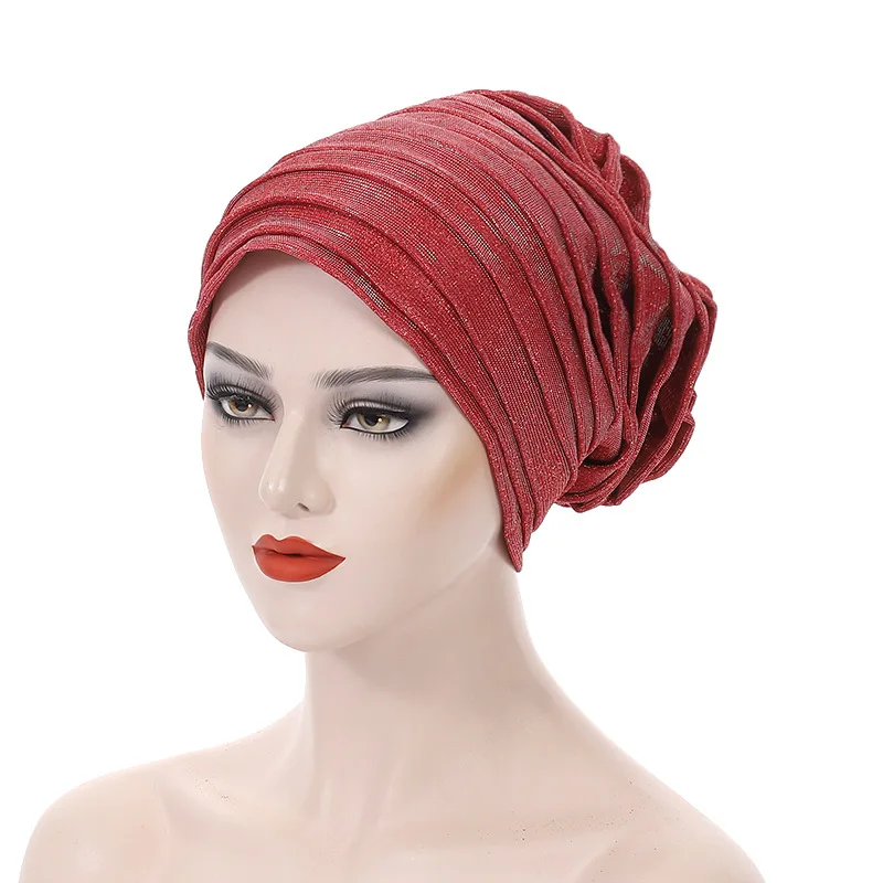 2024 Glitter Full Body Pleated Turban Cap for Auto Geles Women Head Wraps Muslim Hijab Headscarf Hat Turbante African Headpiece