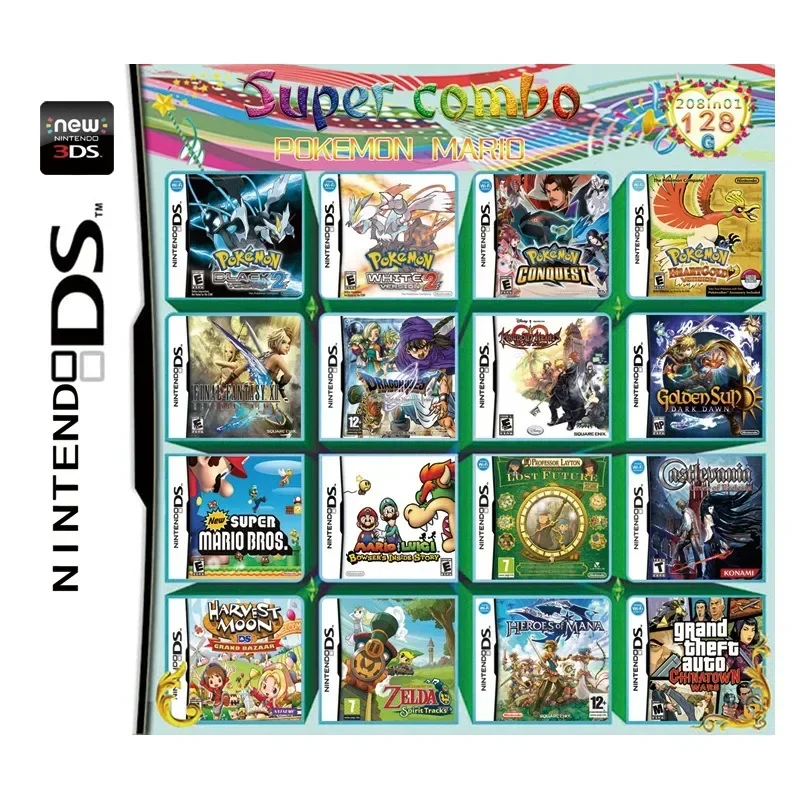 

3DS NDS Game Card Combined Card 5000 in 1 Combined Cards NDS Cassette 3DS/NDS Series Handheld Player Pokemon Car Holde 64IN1 208