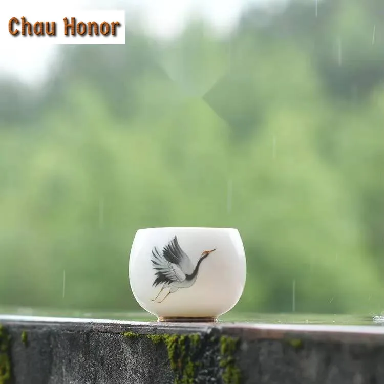 120ml Dehua White Porcelain Teacup Creative Flay Crane Art Master Cup Large Puer Tea Bowl Coffee Mug Kung Fu Tea Drinkware Gift
