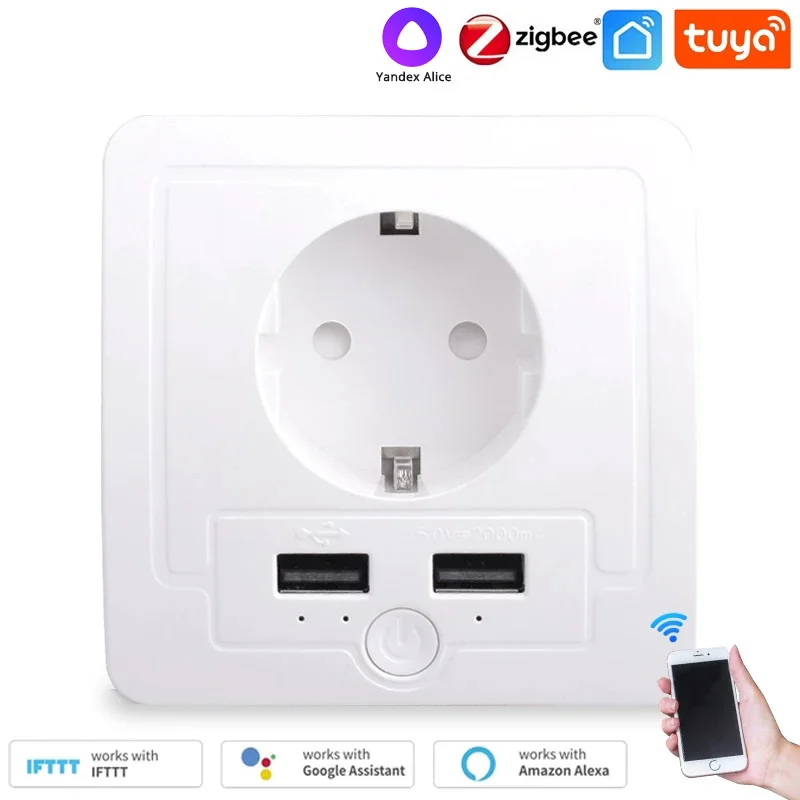Tuya Wall EU 소켓 Zigbee 3.0/Wifi 2 USB 충전 포트 독립 제어 타이머 스위치 Alexa Google 홈으로 프로그래밍 가능