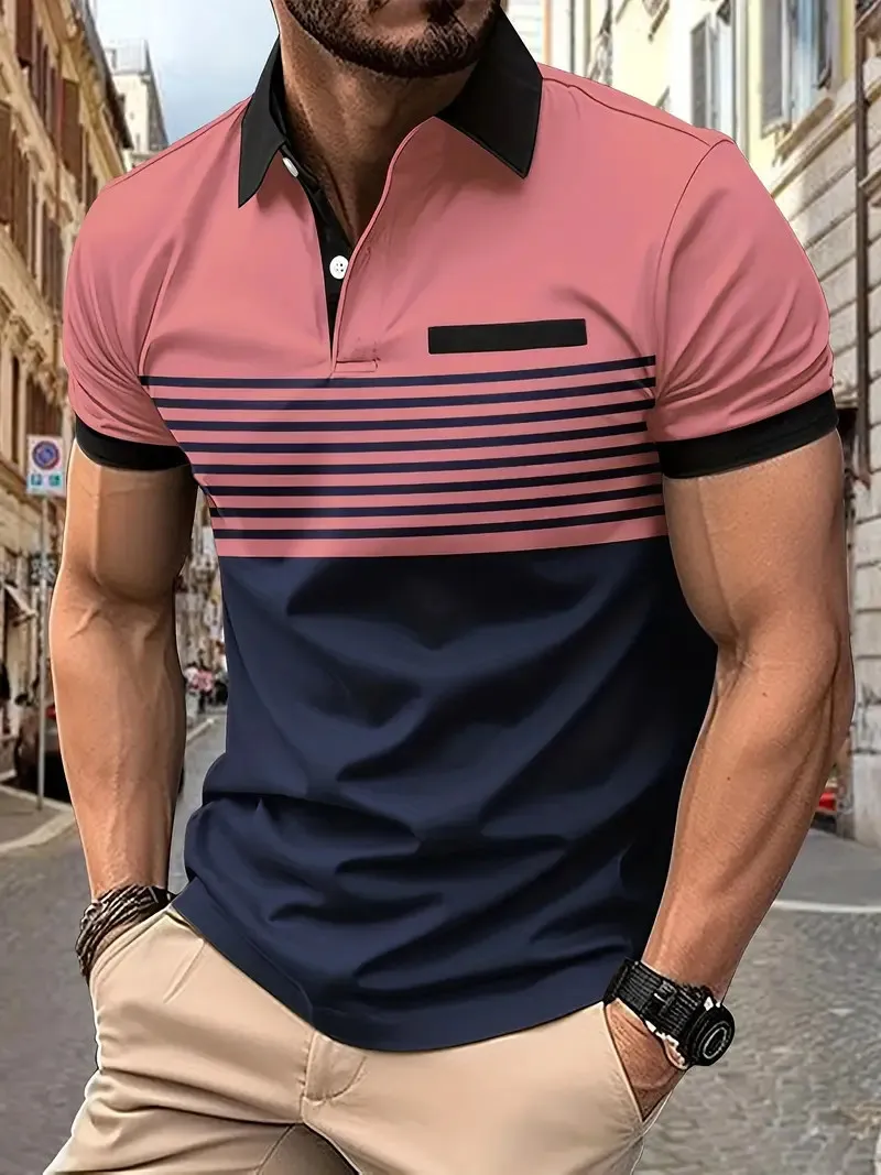 New Summer Striped 3D Printed Men's Polo T Shirt Fashion Lapel Button Zipper Top Hipster Trend Streetwear Short Sleeve Tops 7 S016140cbaffc41e4b0d76c7039e6e20bN