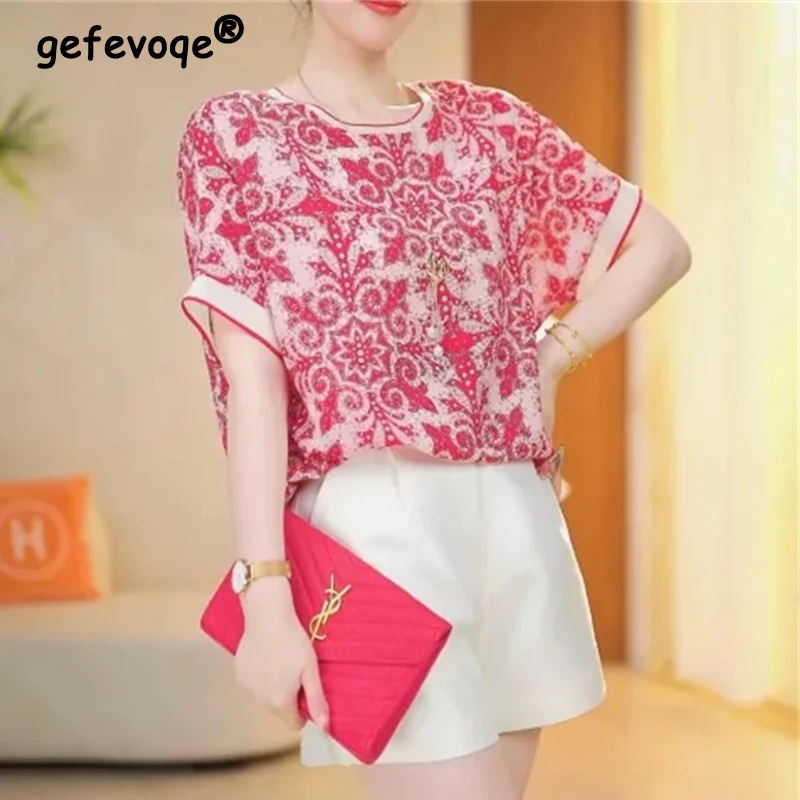 

2024 Summer Women Fashion Print Chic Chiffon Blouses Elegant O Neck Short Sleeve Shirts Casual Street Loose Tops Blusa De Mujer