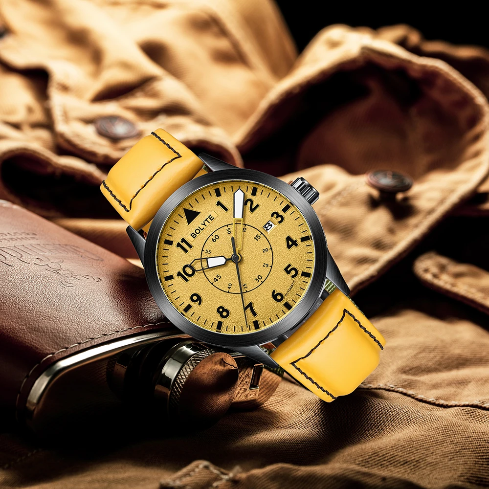 BOLYTE New Fashion Yellow Dial Black Case Date Display Leather Strap Men's Mechanical Watch Business Male Automatic Wristwatches