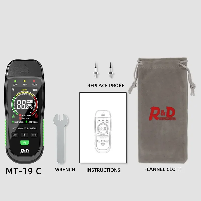 Medidor de humedad de madera con pantalla a Color MT19, Detector de humedad de pared y cartón, probador de contenido de humedad de ladrillo de cemento, sin batería, 1 ud.