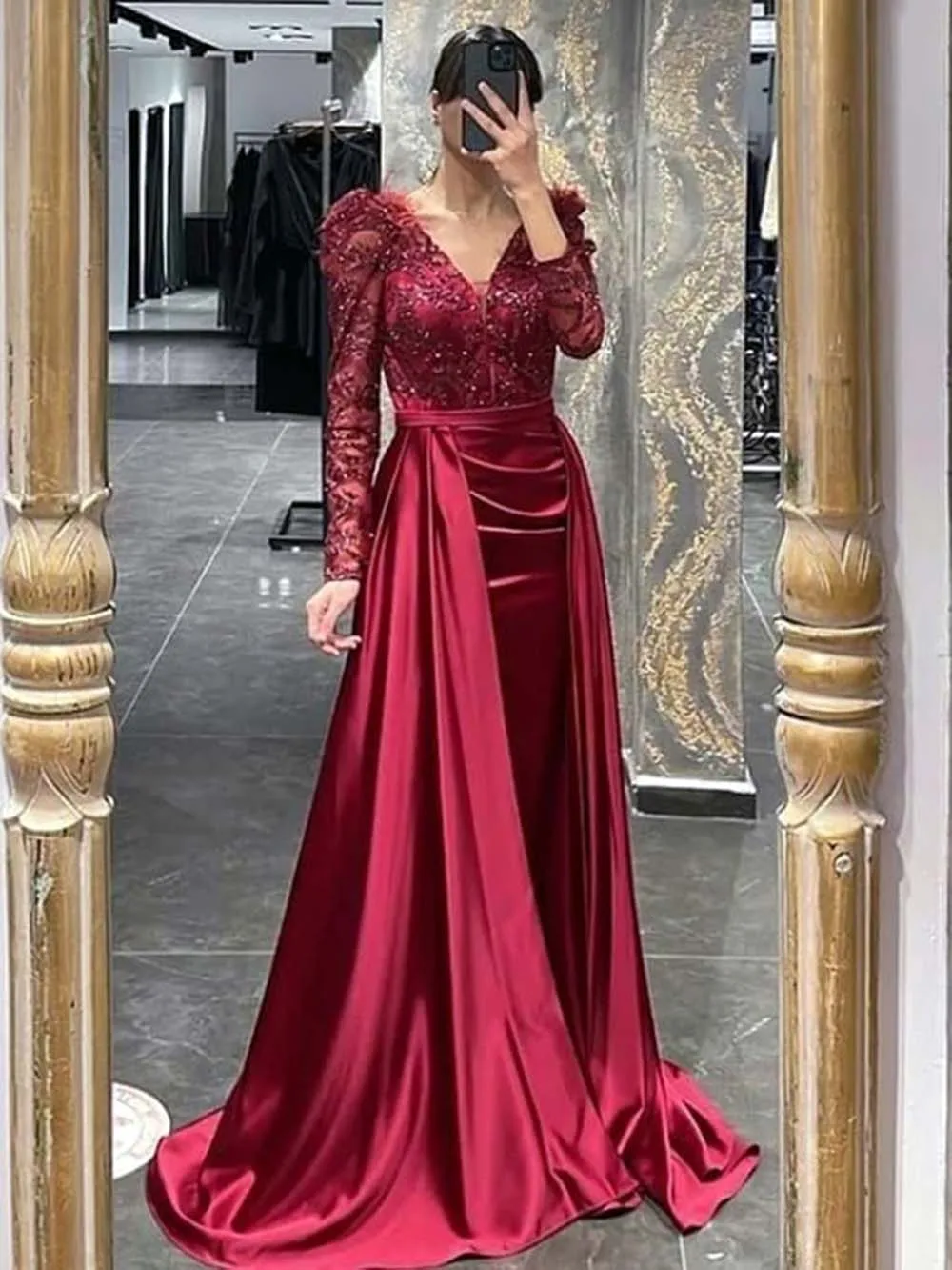 Burgundy Mermaid Formal Evening Dresses Feathers Sparkly