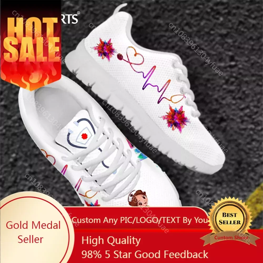 

New Cartoon Nurse Shoes For Women Medical Heart Beat Brand Design Breathable Sneakers Flats Shoes Zapatos Mujer