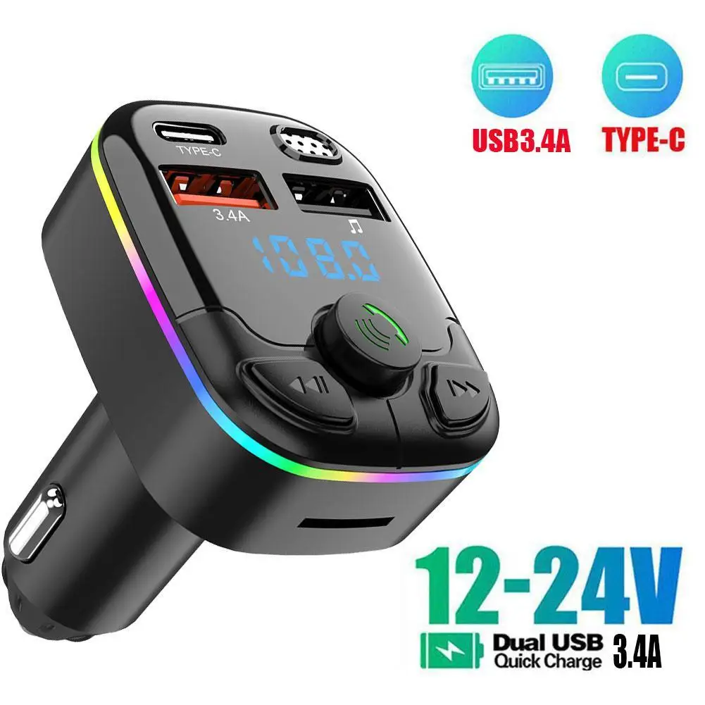 

Car Bluetooth 5.0 FM Transmitter PD Type-C Dual USB 3.1A Fast Charger Colorful Ambient Light Handsfree MP3 Modulator Player