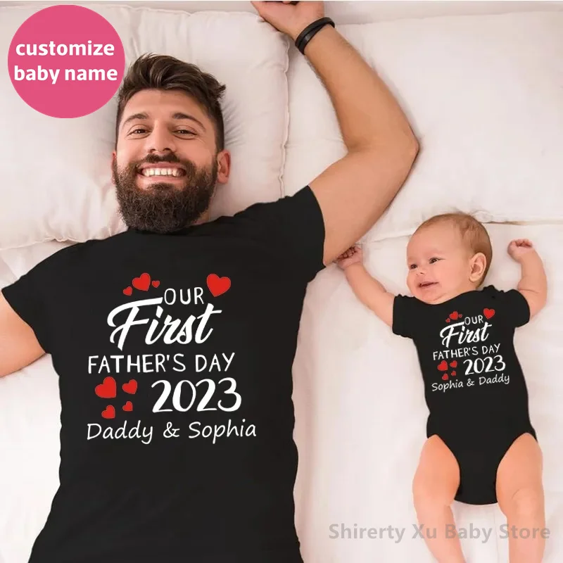 New Custom Name Our First Father's Day 2023 Family Matching Shirts Cotton Family Look Dad Tees Baby Rompers Outfits New Dad Gift 2