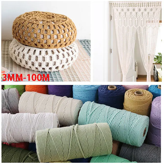 3mm 100M Macrame Cord Cotton Rope String Crafts DIY Colored Thread Cord Twisted Twine Handmade Sewing Home Wedding Decoration