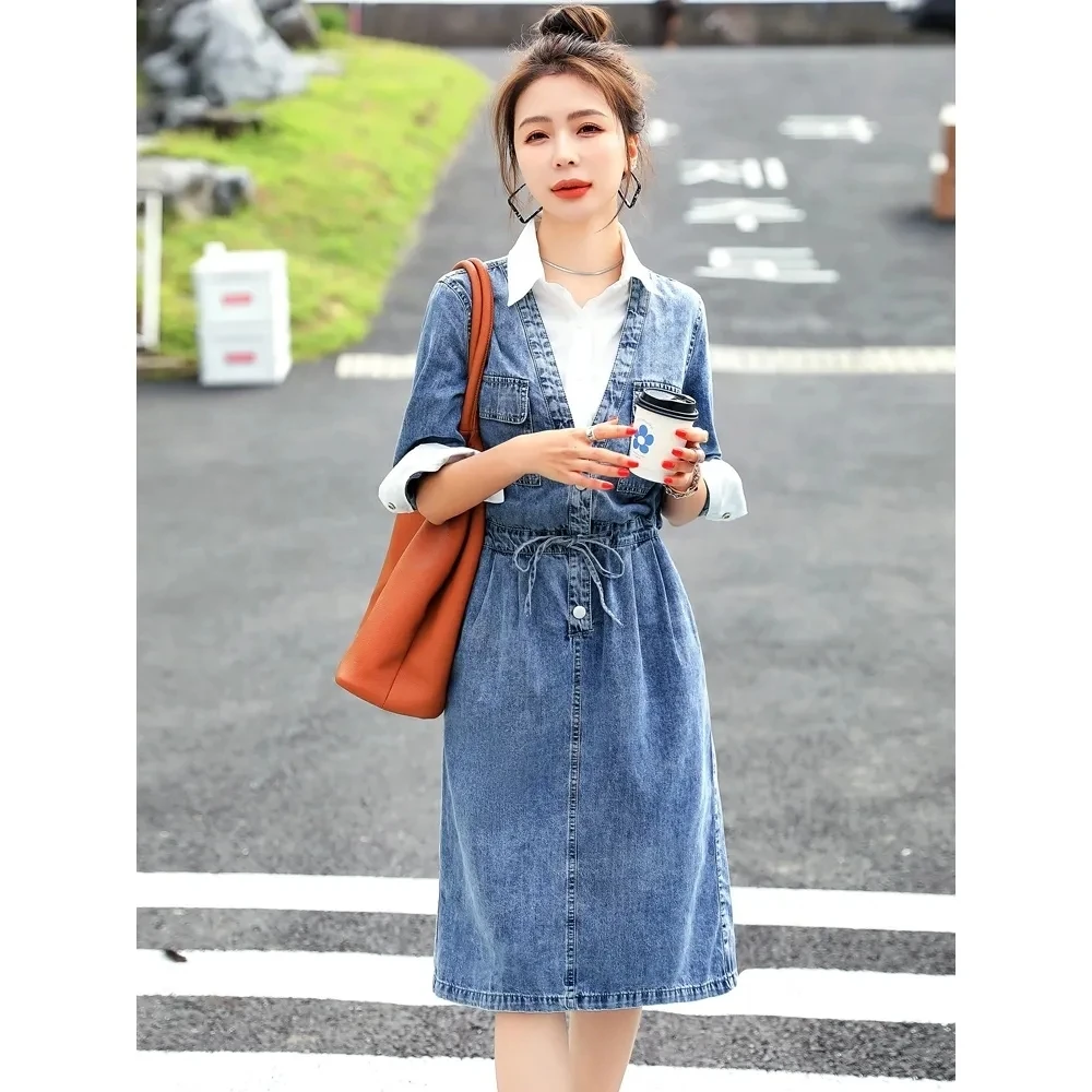 N/A Vintage Streetwear Distressed Denim Dress Women Clothes Hollow Jeans  Dress Belted Lapel Retro Denim Dresses (Color : A, Size : L code) :  Amazon.co.uk: Fashion