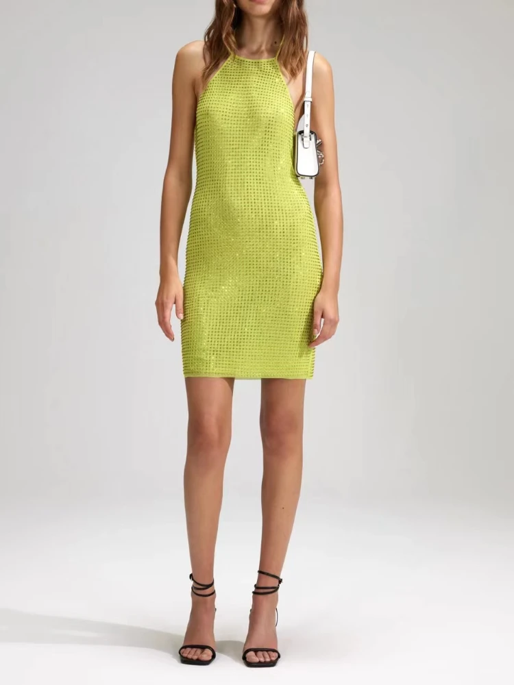 

High Quality 2023 New Summer Collection Light Green Diamonds Bodycon Mini Halter Dresses for Women