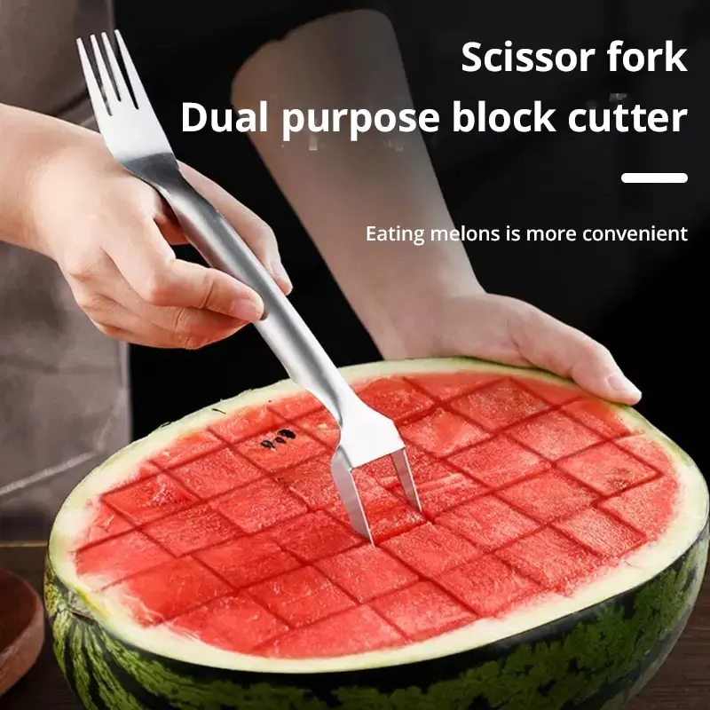 1pc Multi-purpose Portable 2In1 Watermelon Fork Slicer Watermelon Slicer Cutter Knife Stainless Steel Kitchen Fruit Cutting Fork watermelon slicer