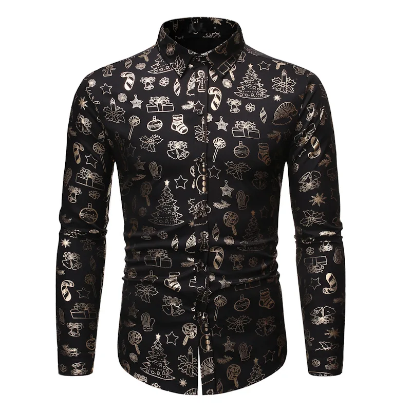 

Christmas Shirt for Men 2023 Shiny Gold Xmas Tree Elk Print Mens Dress Shirts Casual Navidad Party Prom Chemise Homme