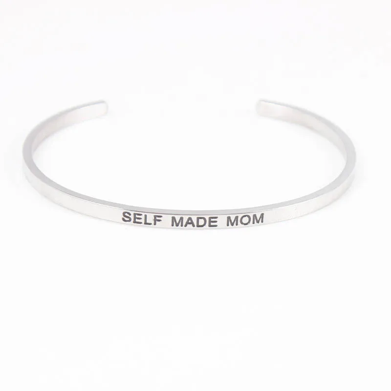

Self Made Mom Customized Coordinate Engraved Name Text Cuff Bangle Personalized Stainless Steel Bracelet For Man Women Gift