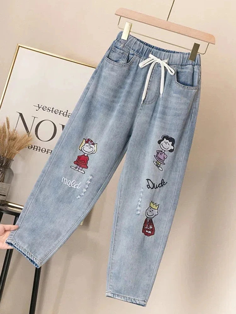 

Oversize Cartoon Embroided Harem Jeans Baggy Ankle-length Denim Pants Lace Up Spodnie Straight Ripped Vaqueros High Waist Jeansy