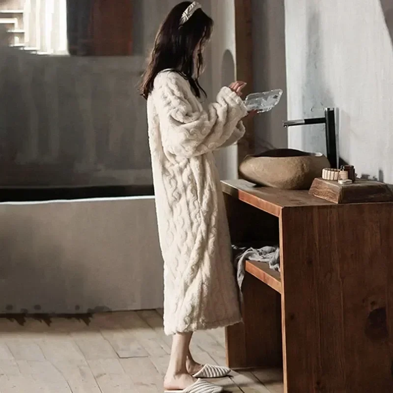 

Thick Bathrobe Solid Sleeve Winter Fleece Single Ladies Female Breasted Sleepwear Korea for Warm Long Pajama Style Women's