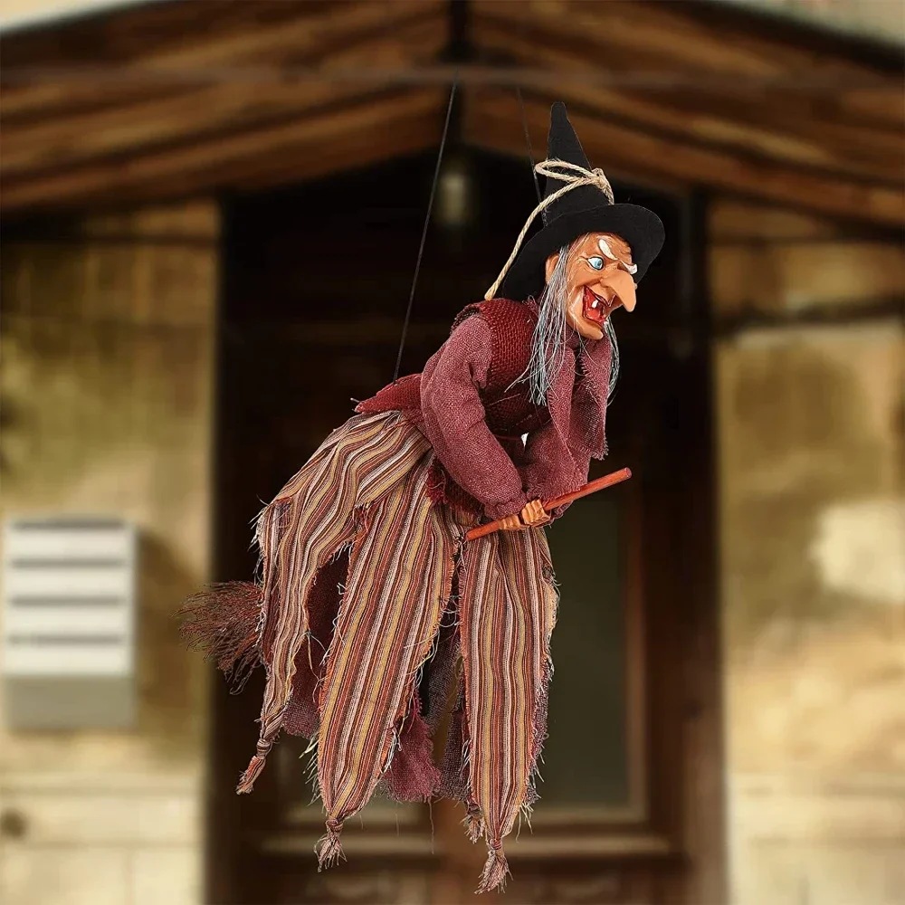 Hanging Witch Doll on Broomstick with Glowing Eyes Scary Sound Halloween Decoration Props Flying Witch for Haunted House D&eacute;cor