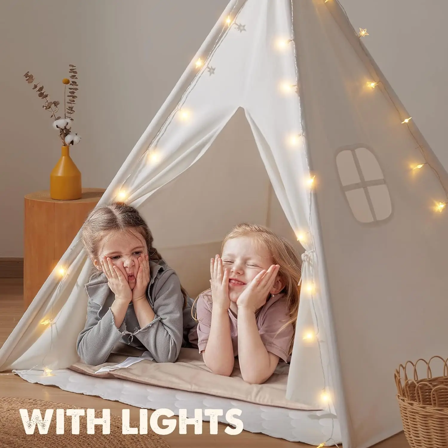 Teepee Tent for Kids Cotton Play Tent with Star Lights Kids Teepee Foldable for Toddlers Birthday Gift