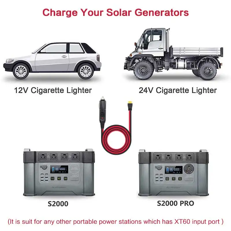 Cigarette Lighter Adapter Cable Extension Cable 12V 24V Car Cigarette Lighter to XT60 Charging Cable ALLPOWERS S2000 Pro Bluetti EB55 Anker 757/767 Ecoflow Delta/River