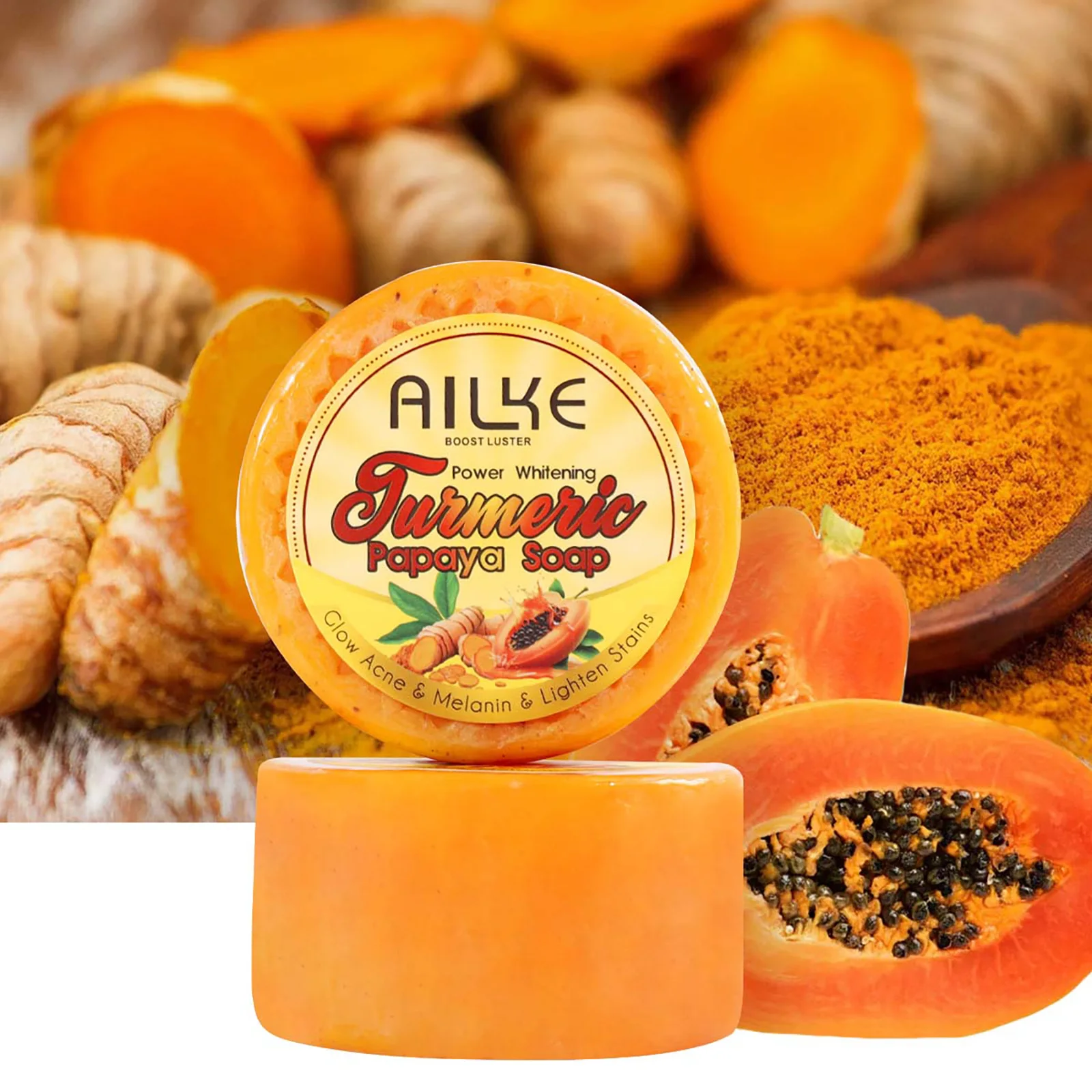 AILKE Lightening Soap Bar, With Natural Turmeric, Papaya, Carrot, Remove Dark Spots, Acne, for All Skin Types, 200g