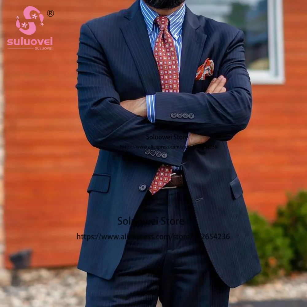 Classic Business Stripe Suits For Men Slim Fit 2 Piece Jacket Pants Set Male Office Wear Formal Groom Wedding Notch Lapel Tuxedo