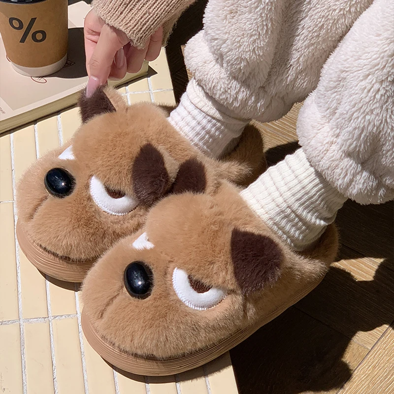 Cute Cartoon Fluffy Slippers for Women Comfortable Soft Thick Sole Warm Home Slides Woman Winter Indoor Couple Cotton Slippers