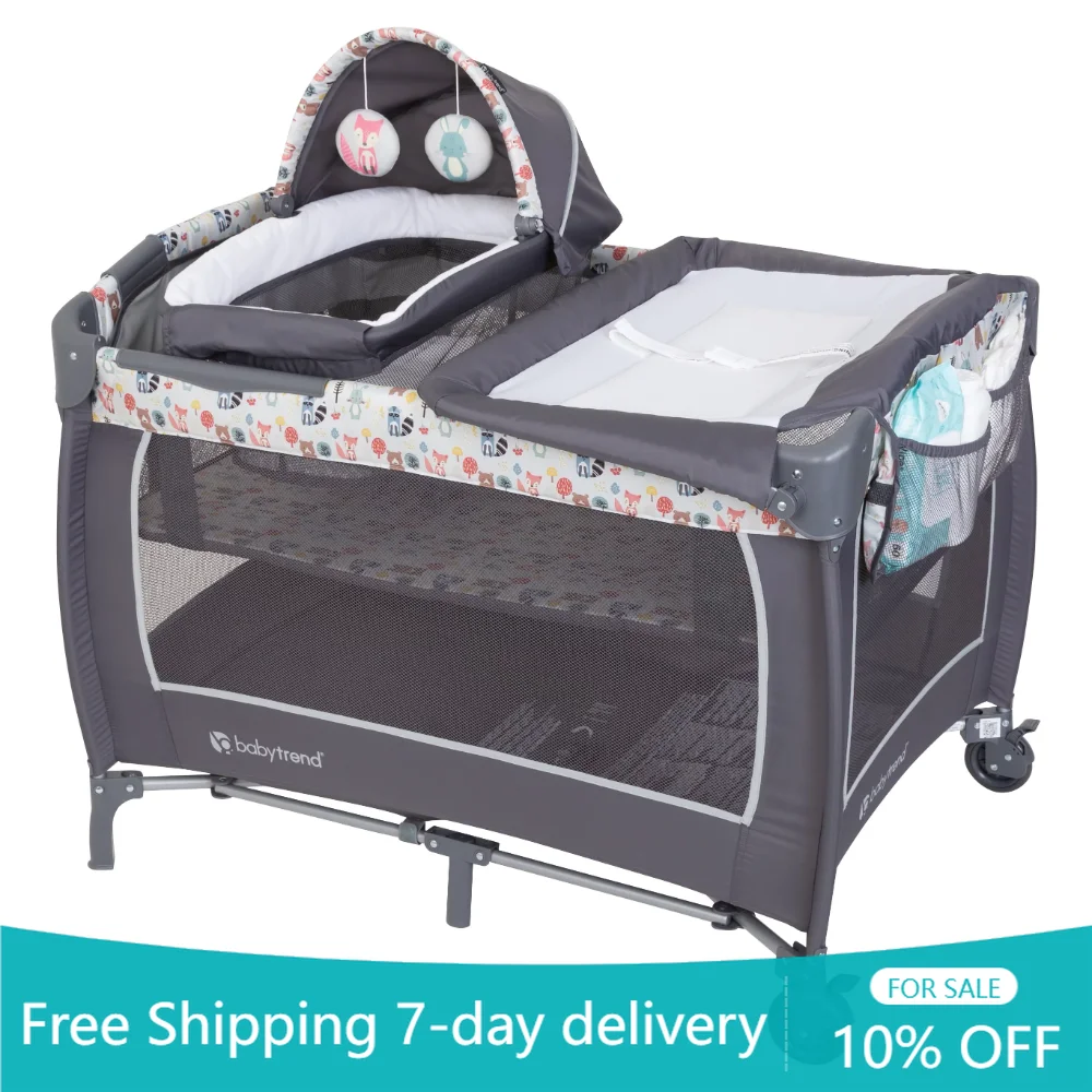 

Lil Snooze Deluxe II Nursery Center Playard - Forest Party Gray Removable Full Lay Flat Bassinet with Zero Incline