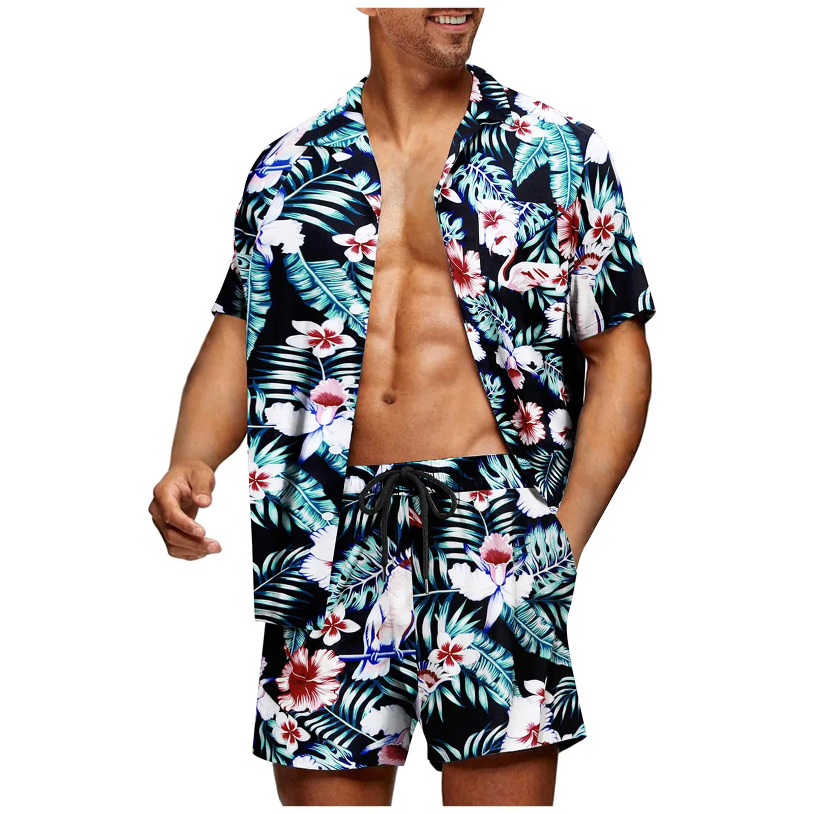 Conjunto Camisa Y Pantalón Corto Hawaiano Para Hombre - Estilo Verano, Cómodo Y Fresco