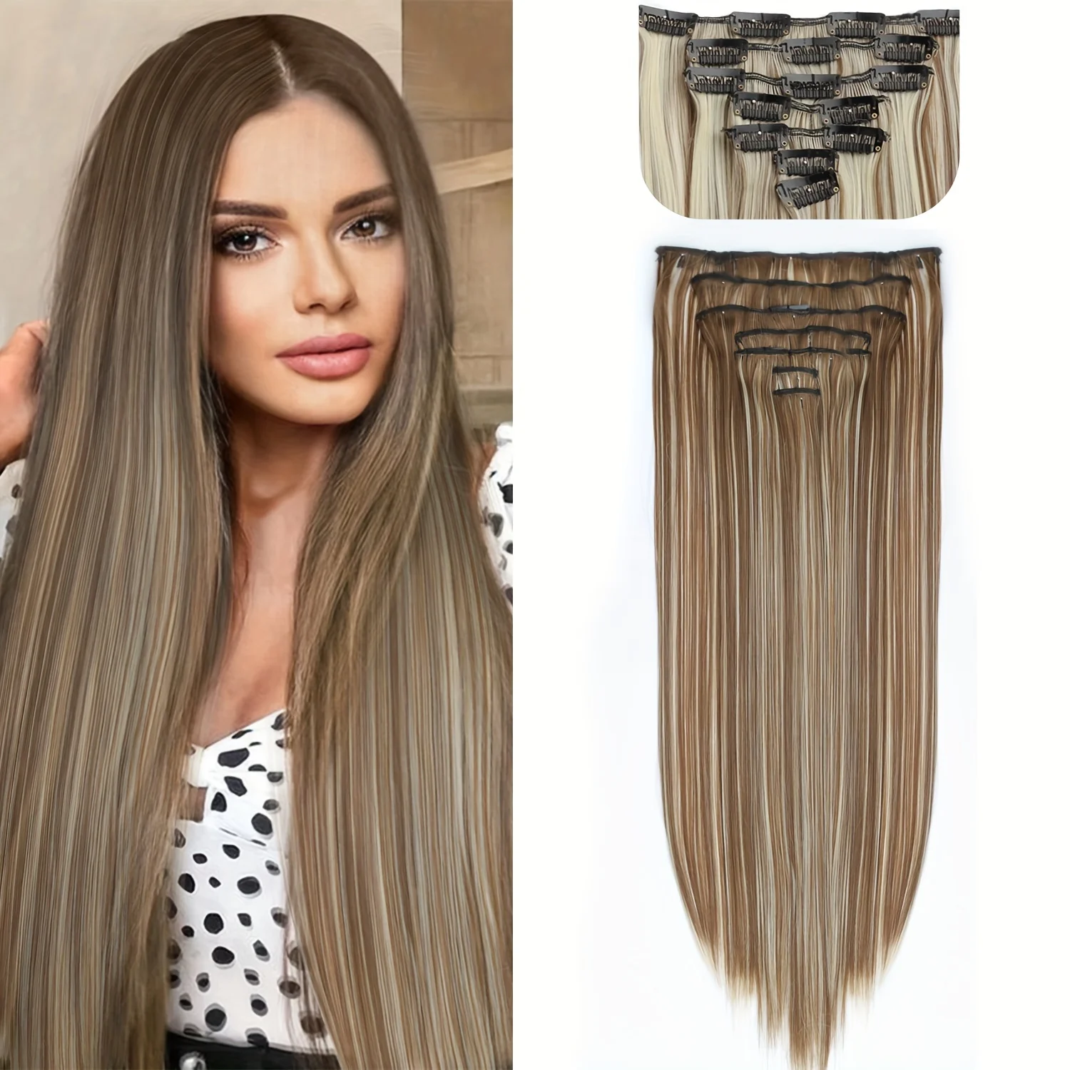 תסרוקת ישרה ארוכה 16 קליפסים 7 יחידות / מערכת הארכות שיער סינטטיות טבעיות בלונד שחורות עמידות בחום לנשים