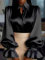 Elegant Satin Blouse with Ruffled Cuff Sleeves and Button-Down Collar - Chic Office & Casual Wear Top - Image 5