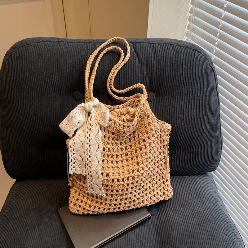 Arrival Hollow Out Lace Bow Shoulder Bags For Women Large Capacity Straw Handbag Totes Vintage Travel Beach Bag Shopping Pack