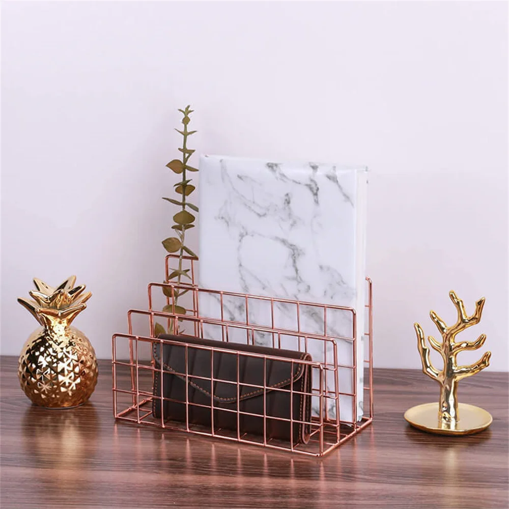 Office Table Storage Holder Simple Wrought Iron Newspaper Rack Rose Gold Shelf Bookstand Book End Gold Metal Magazine Organizer