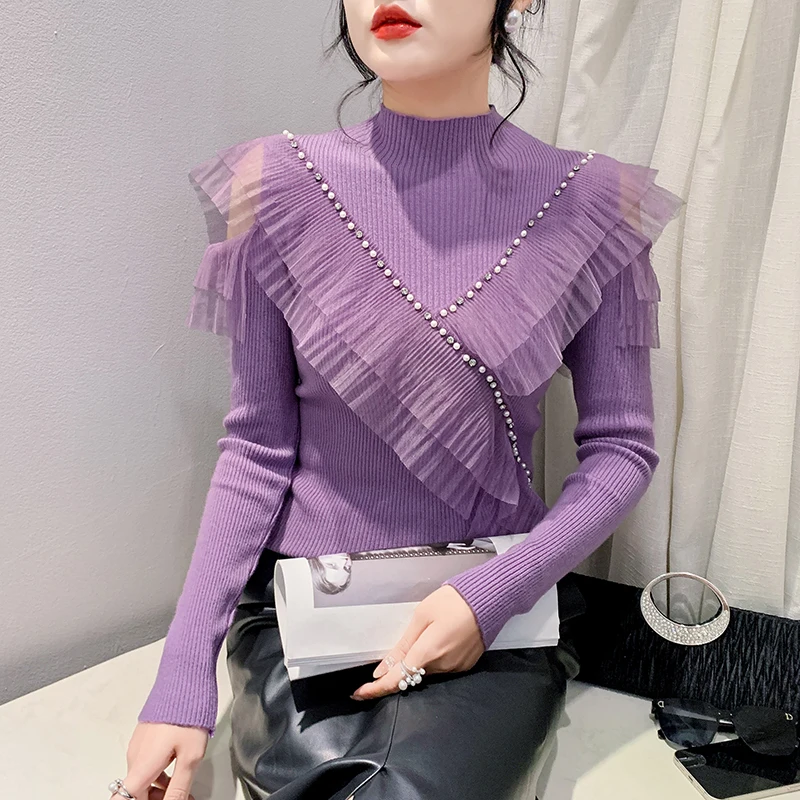 

Женский трикотажный свитер с рюшами, пуловер составного кроя с длинными рукавами и бисером, модель 2024 в европейском стиле на осень и зиму, 31118