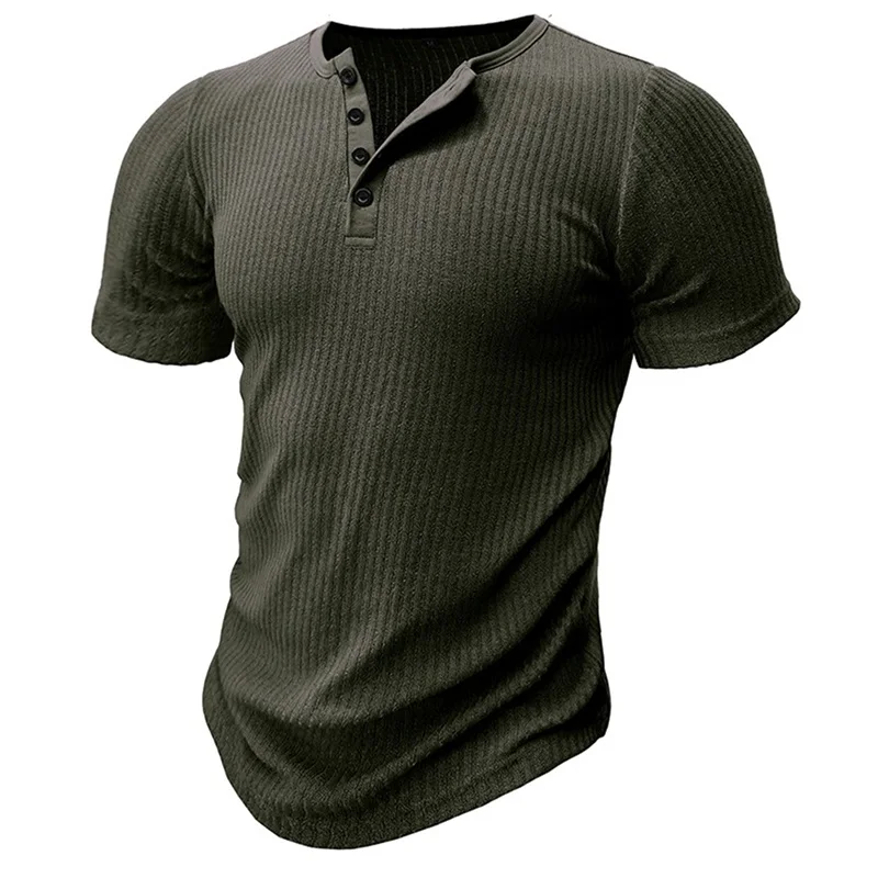 Men s Solid Color Ribbed Muscle Henley Shirt Short Sleeve T-Shirt for Workout Training Fitness Gym Tops Casual Wear 4