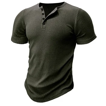 Men s Solid Color Ribbed Muscle Henley Shirt Short Sleeve T-Shirt for Workout Training Fitness Gym Tops Casual Wear 4