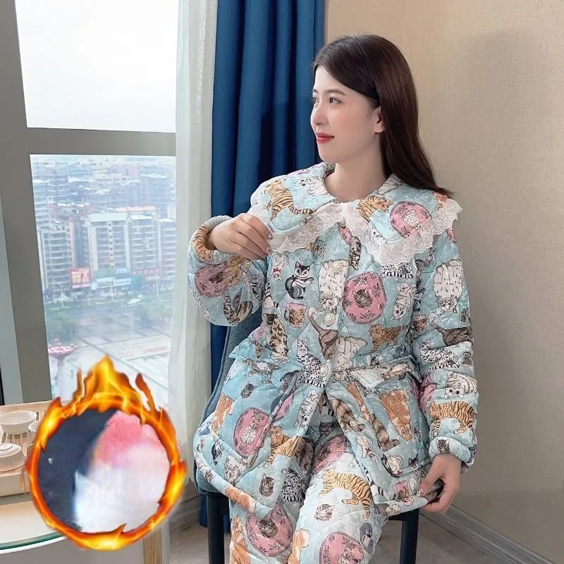 2024 New Women's Thickened Plush Sleepwear Coral Velvet Winter Loungewear Three-layer Cotton Sandwich Flannel Warm Homewear Set