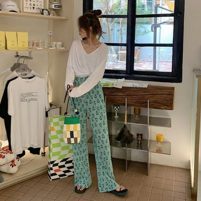 Trousers Green Love Printing Leisure Woman New High Waisted Fold Straight Cylinder Sagging Sensation Wide Legs Mopping The Floor