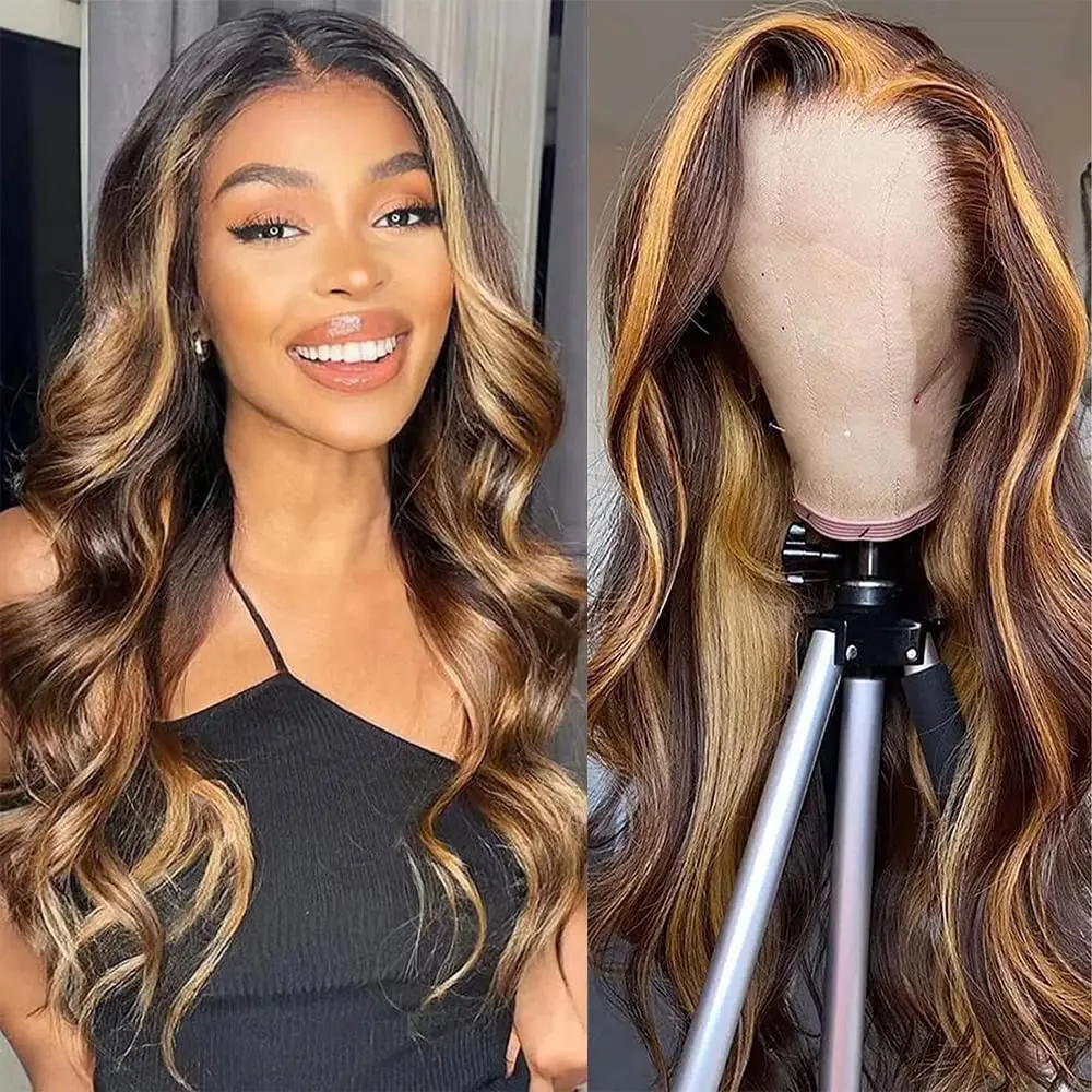 13x4 Highlight Ombre Lace Front Wig Human Hair Pre Plucked Body Wave Frontal Wigs 250% Density 4/27 Honey Blonde Lace Front Wig