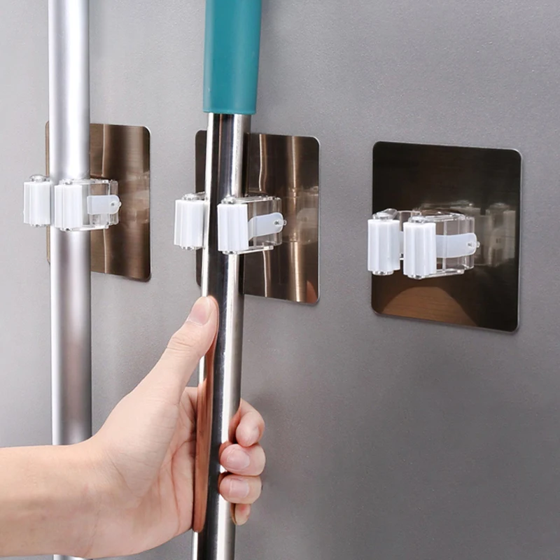 2/4pcs Multi-Purpose Adhesive Hooks Mounted Wall Mop Holder Hook Broom Brush Hanger Kitchen Bathroom Storage Organizer Rack