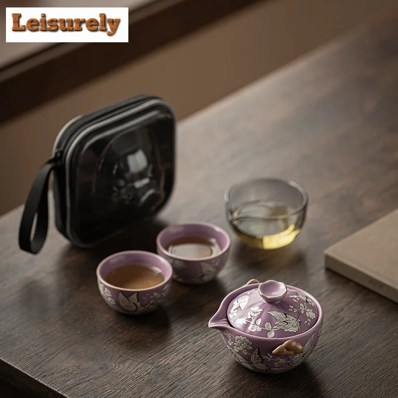 Gilt Silver Butterflies In Love With Flowers Travel Tea Set Kit Retro 1 Pot 3 Cups Tea Brewing Organizer Portable Picnic Handbag