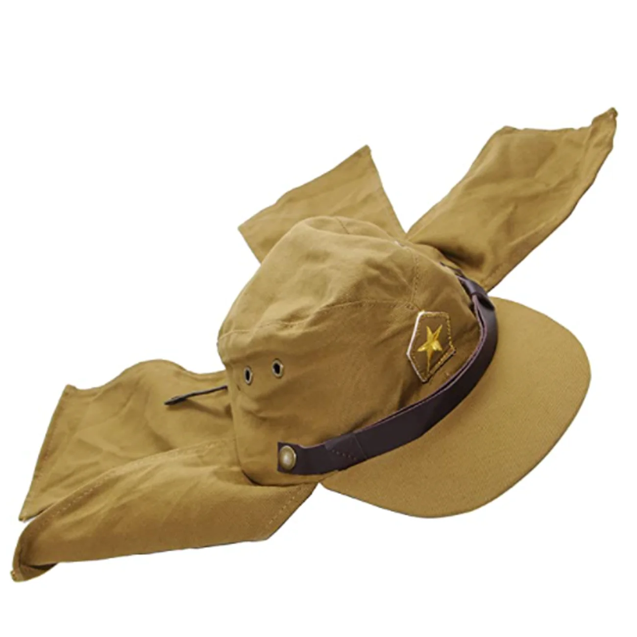 WW2 Brown Japanese Soldier Hat with Neck Flap Chin Strap High