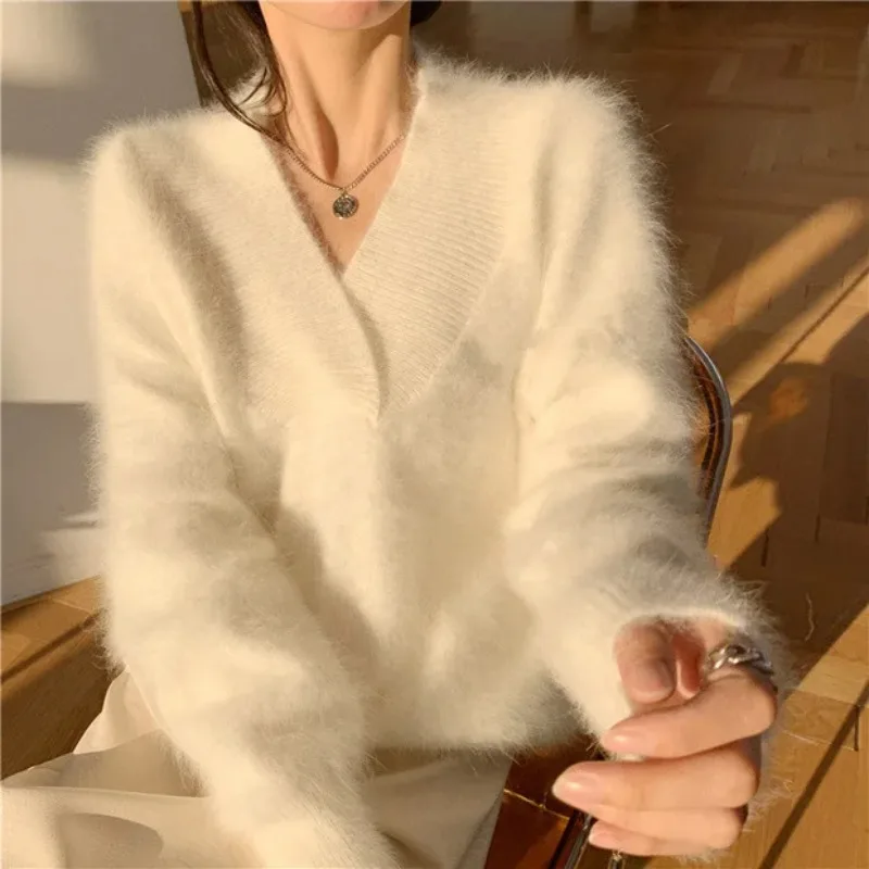 

High Quality Luxury Mink Cashmere Women Pullovers Autumn Winter Mohair Knitted Tops Elegant Thick Soft Loose Sweaters Pull Femme